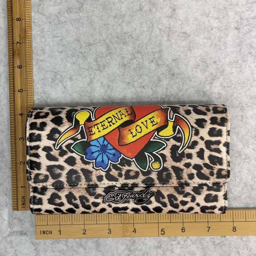 Ed Hardy Leopard Print Wallet Eternal Love Tattoo Graphic Trifold Clutch